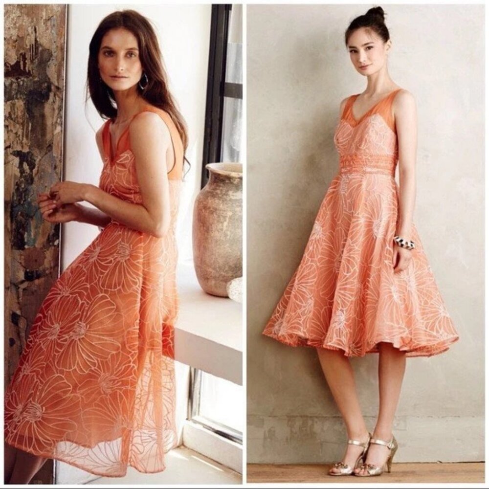 Anthropologie Mouliette Sours Embroiderd Calendula Dress Size 0 Orange Color